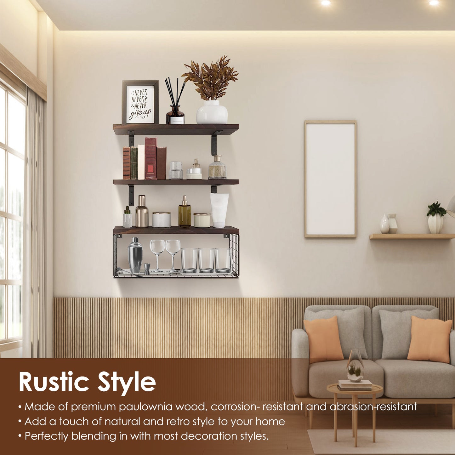 Rustic 2-in-1 Paulownia Floating Shelves with Storage Basket – Wall-Mounted Kitchen, Bathroom & Living Room Organizer
