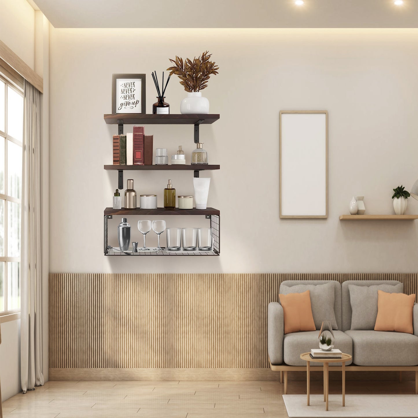 Rustic 2-in-1 Paulownia Floating Shelves with Storage Basket – Wall-Mounted Kitchen, Bathroom & Living Room Organizer