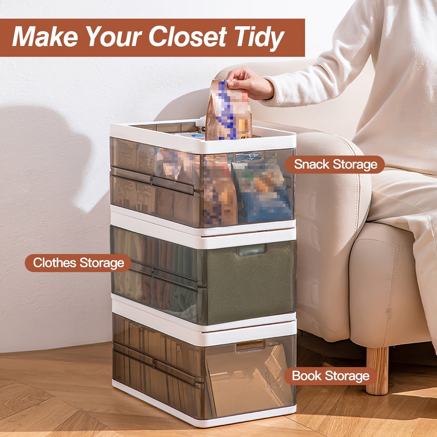3-Pack Stackable Foldable Plastic Storage Bins with Lids & Dividers – Collapsible Closet, Toy & Clothes Organizer (Dark Brown)