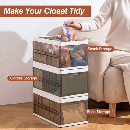 3-Pack Stackable Foldable Plastic Storage Bins with Lids & Dividers – Collapsible Closet, Toy & Clothes Organizer (Dark Brown)