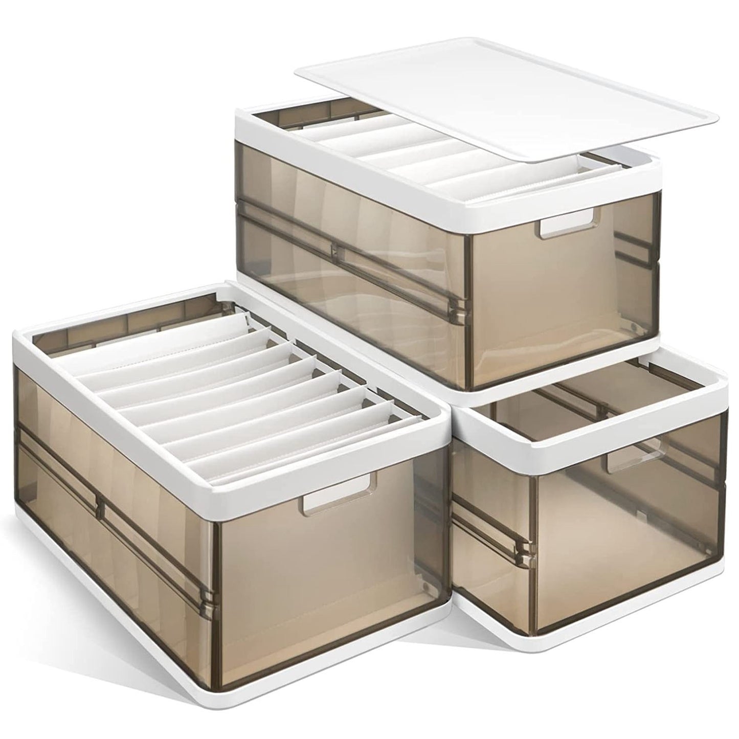 3-Pack Stackable Foldable Plastic Storage Bins with Lids & Dividers – Collapsible Closet, Toy & Clothes Organizer (Dark Brown)