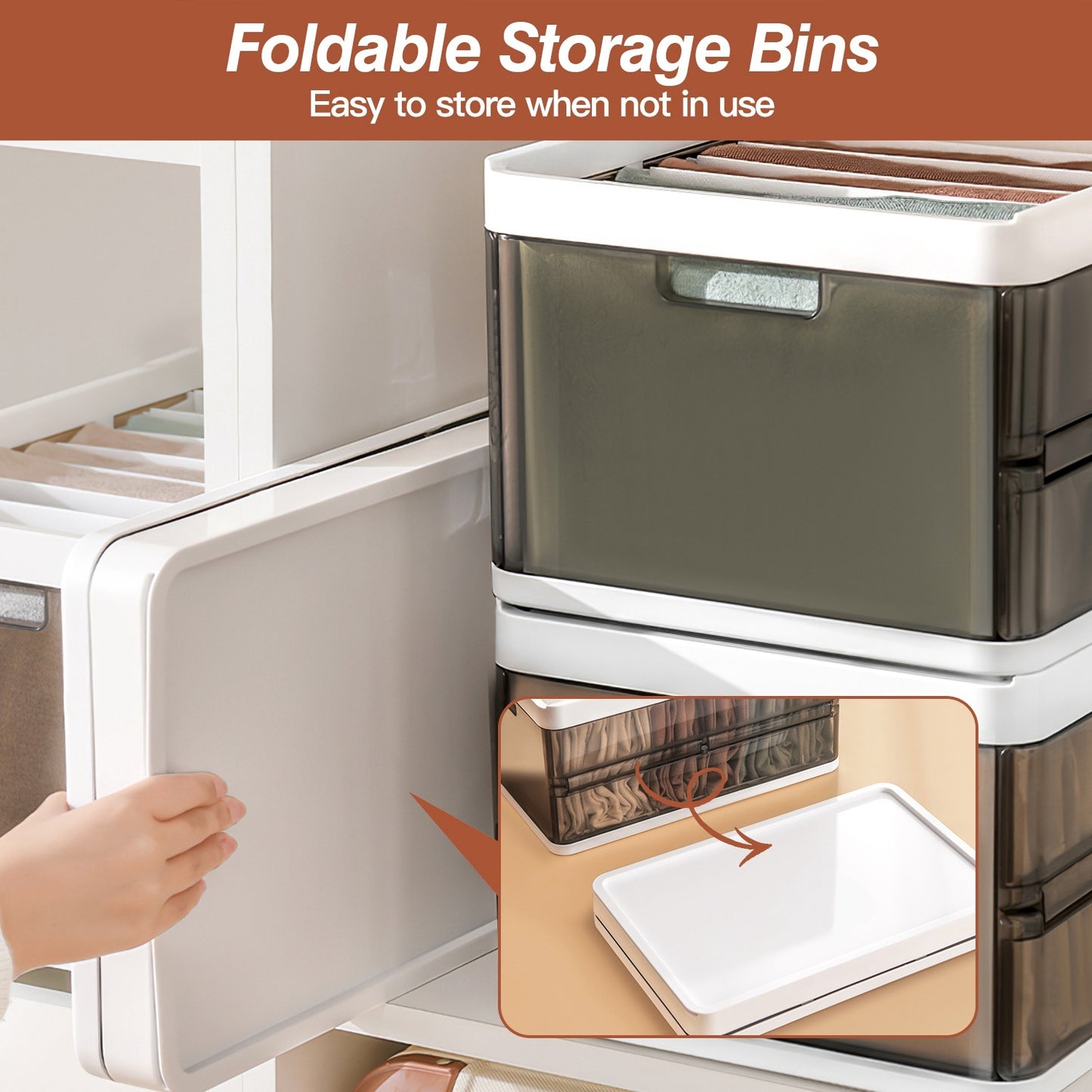 3-Pack Stackable Foldable Plastic Storage Bins with Lids & Dividers – Collapsible Closet, Toy & Clothes Organizer (Dark Brown)