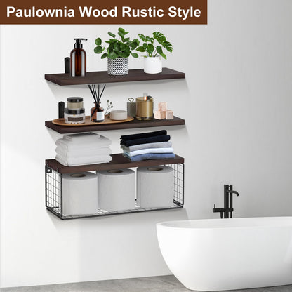Rustic 2-in-1 Paulownia Floating Shelves with Storage Basket – Wall-Mounted Kitchen, Bathroom & Living Room Organizer