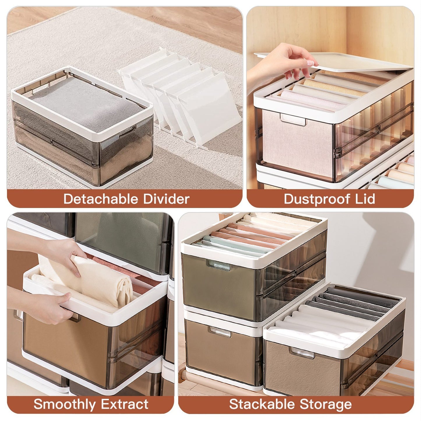 3-Pack Stackable Foldable Plastic Storage Bins with Lids & Dividers – Collapsible Closet, Toy & Clothes Organizer (Dark Brown)