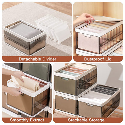 3-Pack Stackable Foldable Plastic Storage Bins with Lids & Dividers – Collapsible Closet, Toy & Clothes Organizer (Dark Brown)