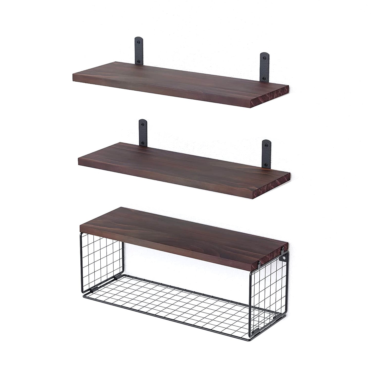 Rustic 2-in-1 Paulownia Floating Shelves with Storage Basket – Wall-Mounted Kitchen, Bathroom & Living Room Organizer
