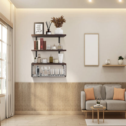 Rustic 2-in-1 Paulownia Floating Shelves with Storage Basket – Wall-Mounted Kitchen, Bathroom & Living Room Organizer
