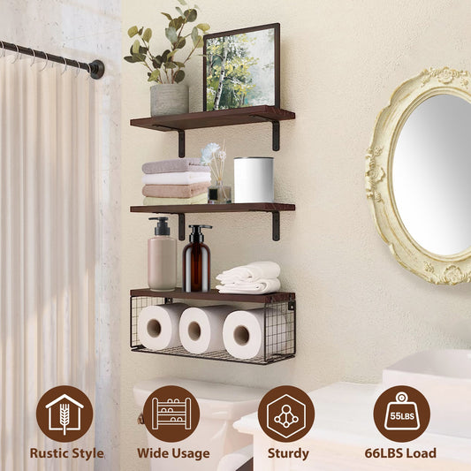 Rustic 2-in-1 Paulownia Floating Shelves with Storage Basket – Wall-Mounted Kitchen, Bathroom & Living Room Organizer