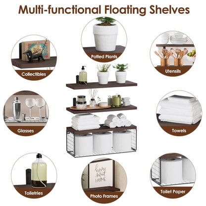 Rustic 2-in-1 Paulownia Floating Shelves with Storage Basket – Wall-Mounted Kitchen, Bathroom & Living Room Organizer