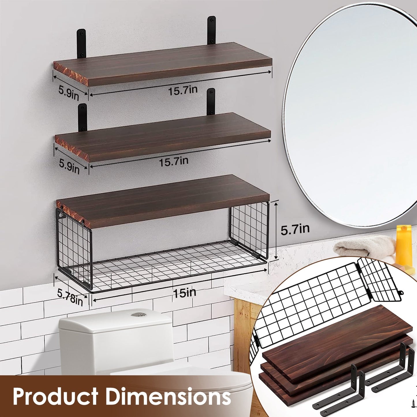 Rustic 2-in-1 Paulownia Floating Shelves with Storage Basket – Wall-Mounted Kitchen, Bathroom & Living Room Organizer