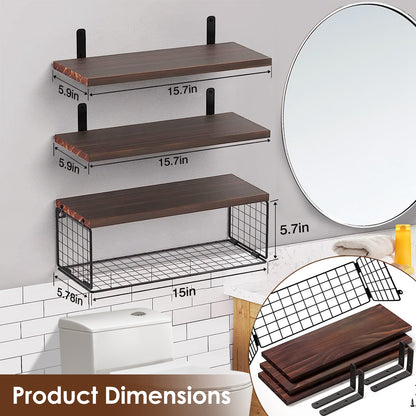Rustic 2-in-1 Paulownia Floating Shelves with Storage Basket – Wall-Mounted Kitchen, Bathroom & Living Room Organizer