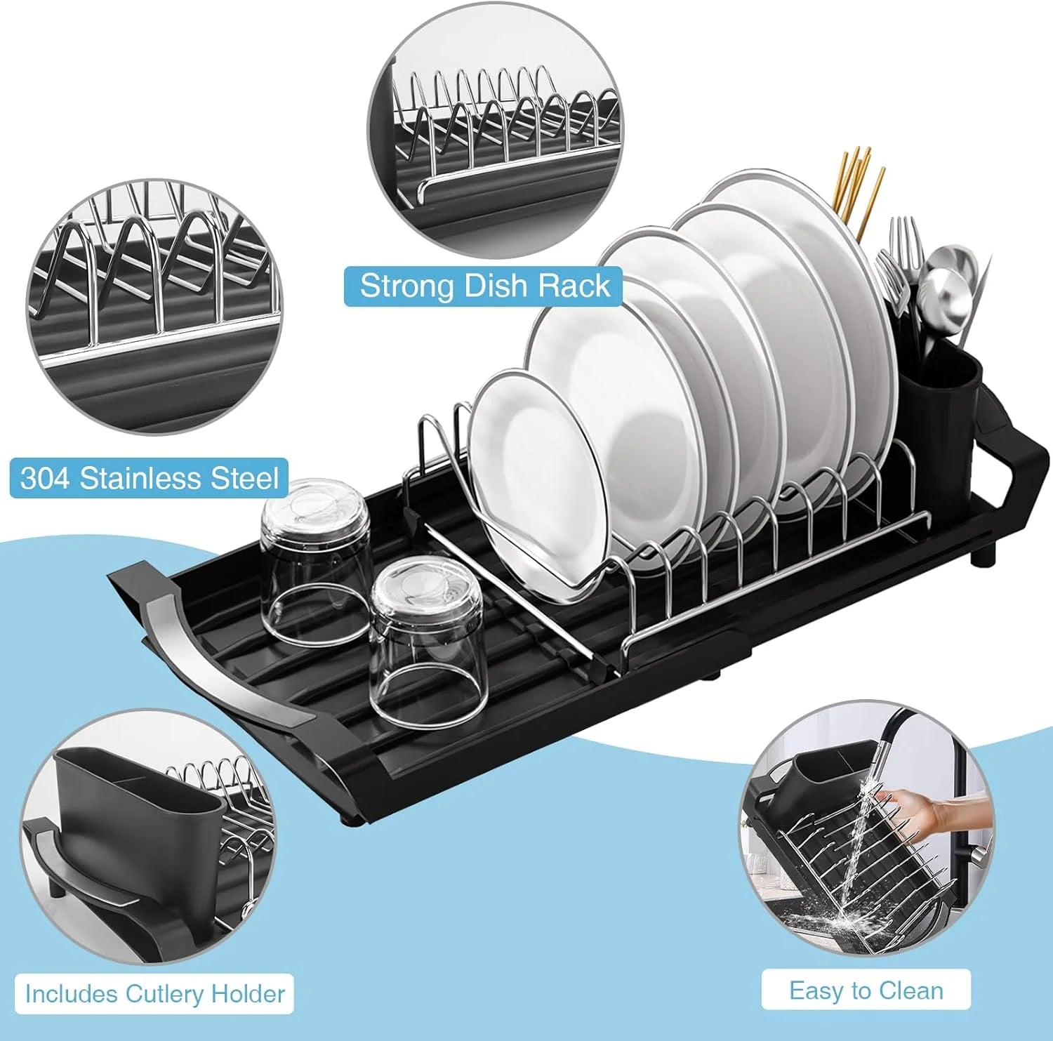 Expandable Dish Drying Rack Dish Racks for Kitchen Counter Adjustable Spout Dish Strainers with Utensil Holder Knife Slots