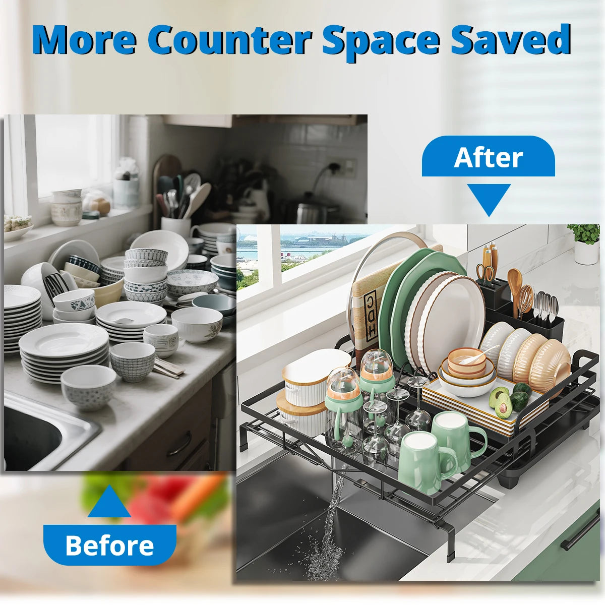 Dish Drainer Rack, Expandable Dish Drying Rack with Cutlery Holder and Swivel Drainage Spout, Dish Rack for Kitchen Counter