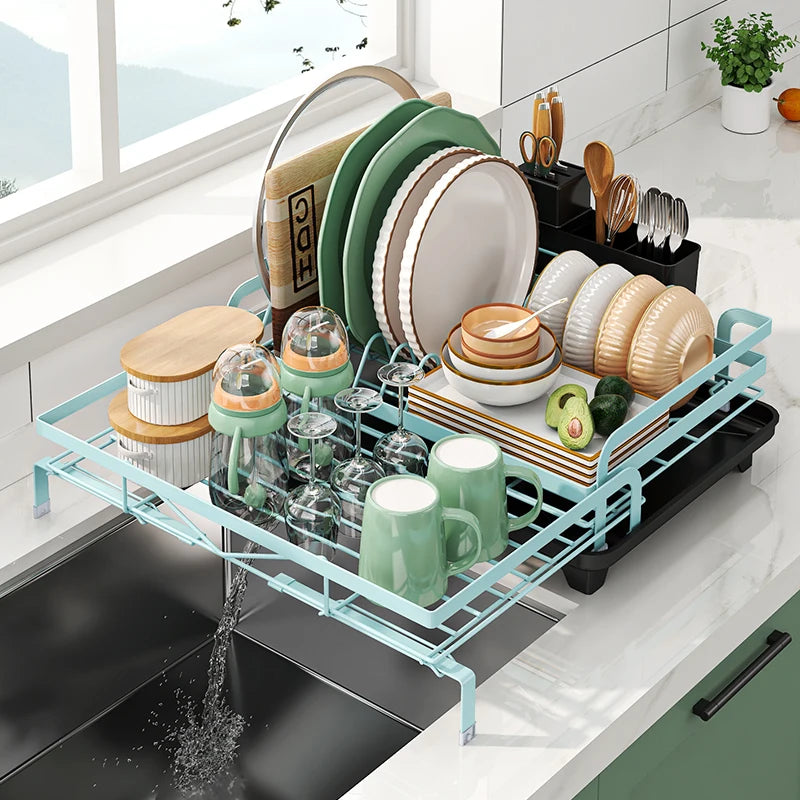 Dish Drainer Rack, Expandable Dish Drying Rack with Cutlery Holder and Swivel Drainage Spout, Dish Rack for Kitchen Counter