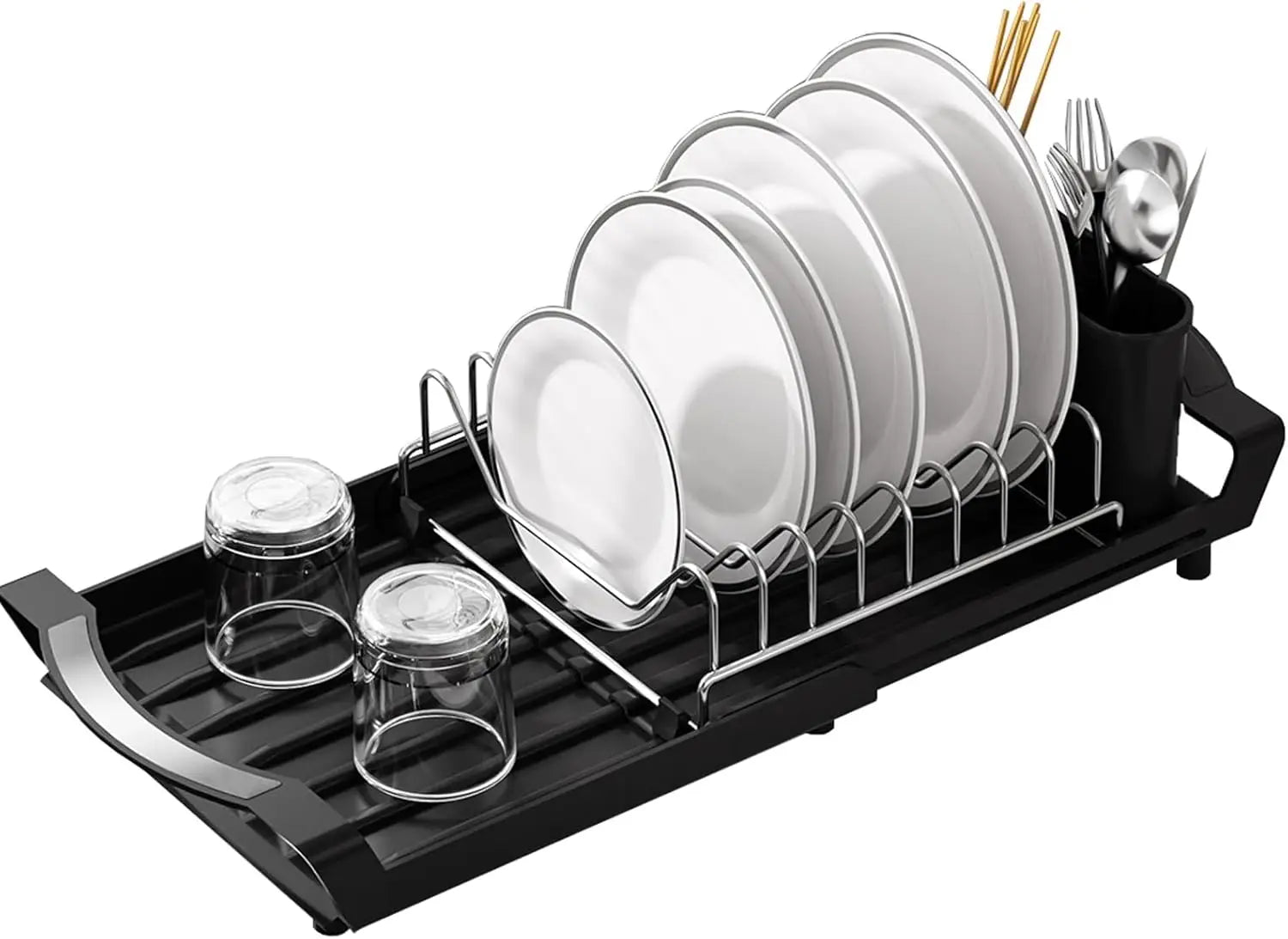 Expandable Dish Drying Rack Dish Racks for Kitchen Counter Adjustable Spout Dish Strainers with Utensil Holder Knife Slots