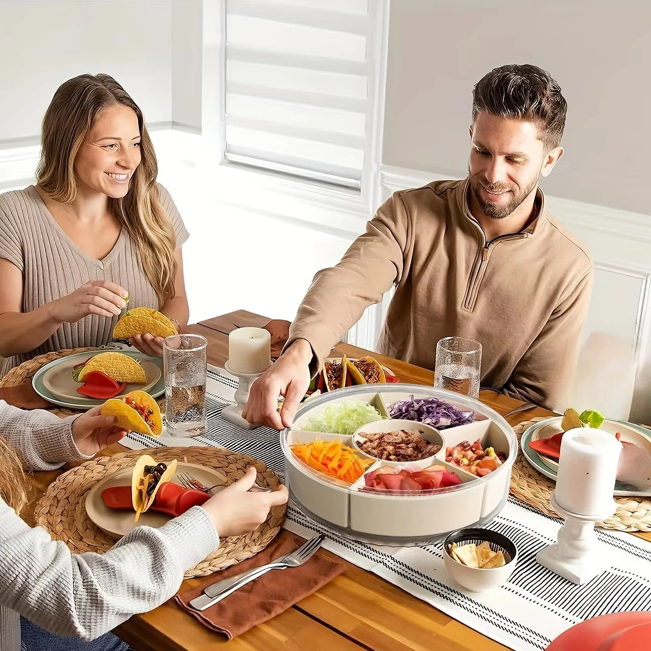 5-Compartment Food Storage Dried Fruit Snack Plate ,rotatable storage container, snack and vegetable tray with lid and hand