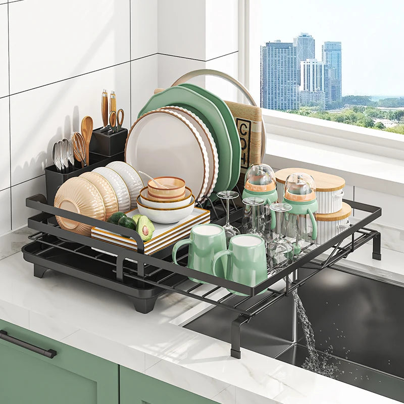Dish Drainer Rack, Expandable Dish Drying Rack with Cutlery Holder and Swivel Drainage Spout, Dish Rack for Kitchen Counter