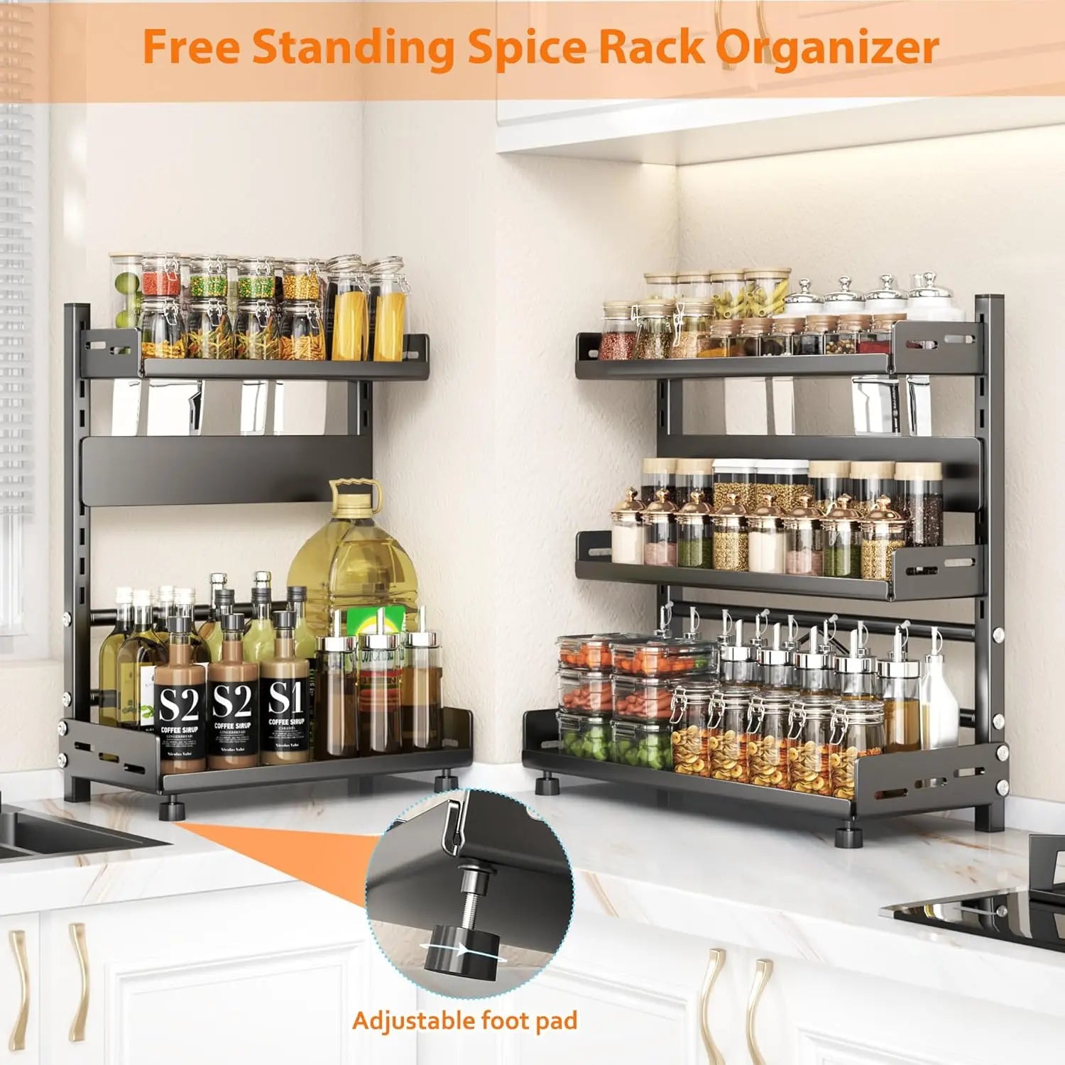 3 Tier Spice Storage Rack for Countertop Adjustable Spice Organization for Cabinet Kitchen Organizer Metal Shelf Black