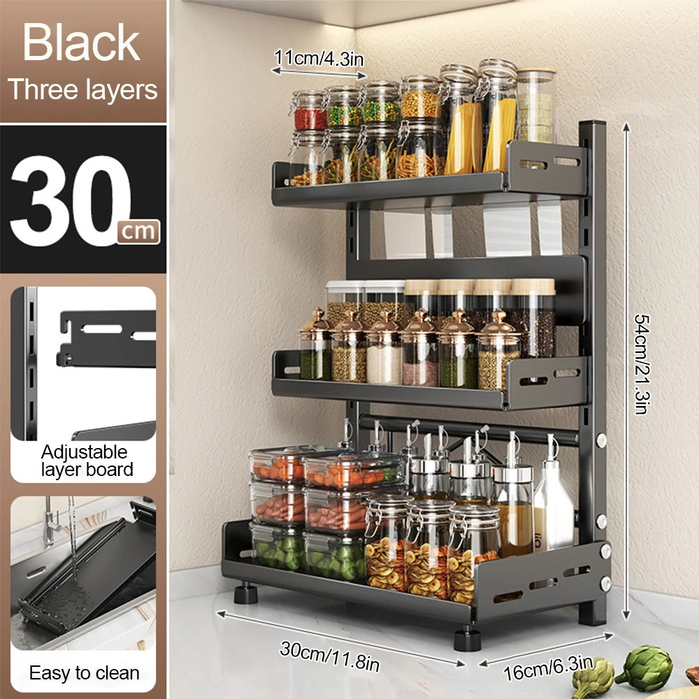 3 Tier Spice Storage Rack for Countertop Adjustable Spice Organization for Cabinet Kitchen Organizer Metal Shelf Black