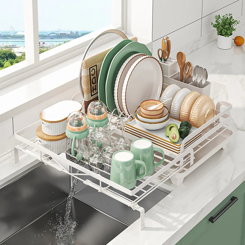Dish Drainer Rack, Expandable Dish Drying Rack with Cutlery Holder and Swivel Drainage Spout, Dish Rack for Kitchen Counter