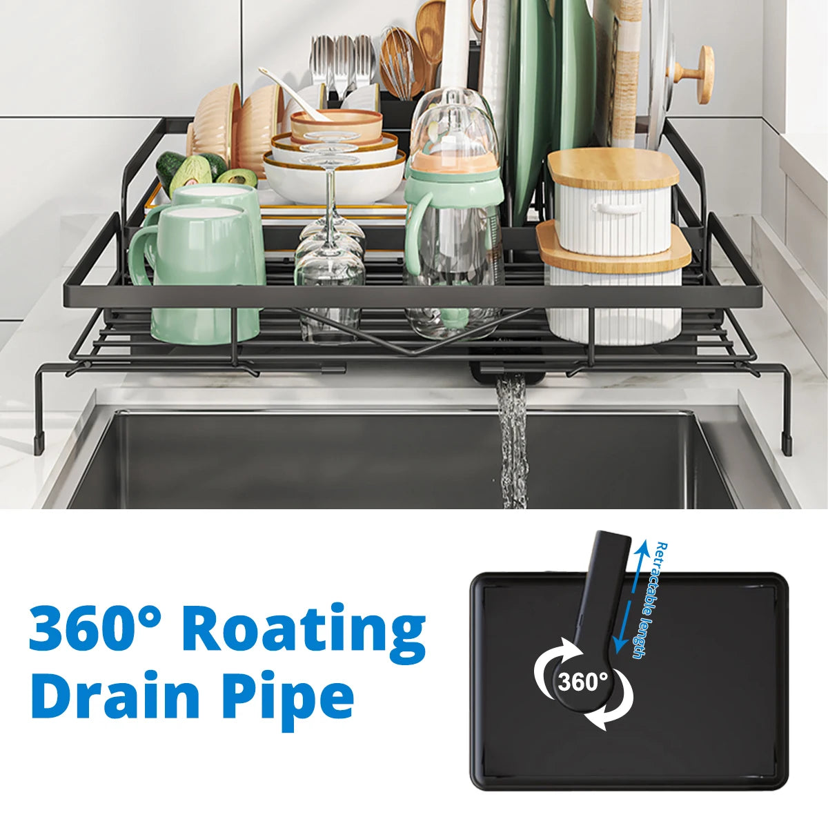 Dish Drainer Rack, Expandable Dish Drying Rack with Cutlery Holder and Swivel Drainage Spout, Dish Rack for Kitchen Counter