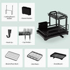 2 Tier Dish Drying Rack Black Kitchen Countertop Drainer with Drain Board Space Saving Storage Organizer