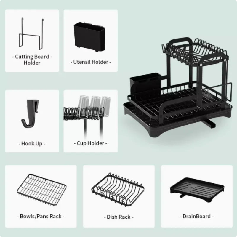 2 Tier Dish Drying Rack Black Kitchen Countertop Drainer with Drain Board Space Saving Storage Organizer