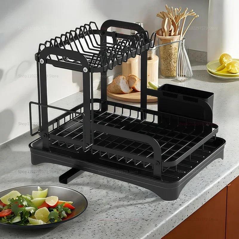 2 Tier Dish Drying Rack Black Kitchen Countertop Drainer with Drain Board Space Saving Storage Organizer