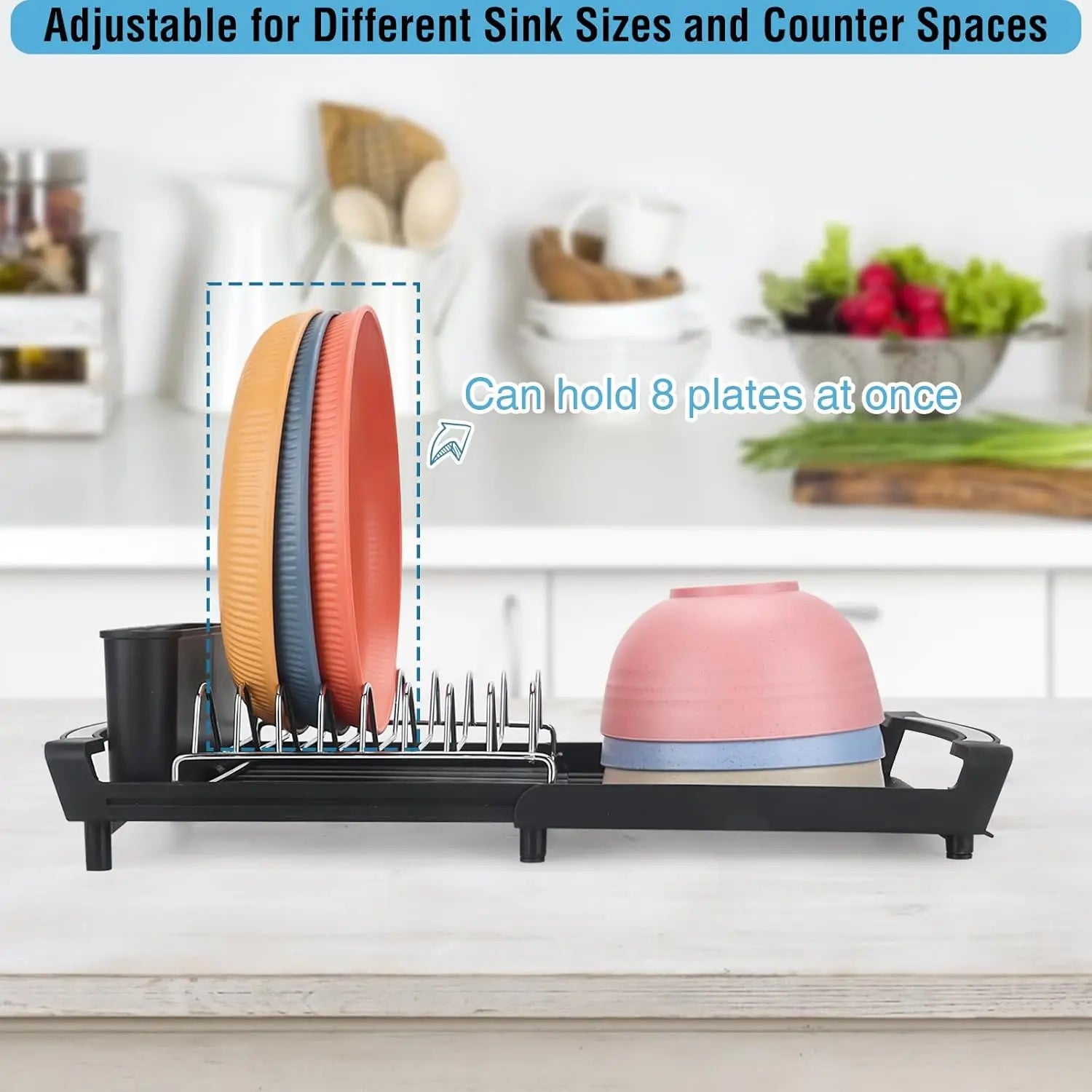 Expandable Dish Drying Rack Dish Racks for Kitchen Counter Adjustable Spout Dish Strainers with Utensil Holder Knife Slots