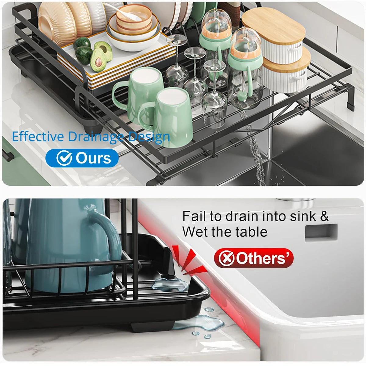 Dish Drainer Rack, Expandable Dish Drying Rack with Cutlery Holder and Swivel Drainage Spout, Dish Rack for Kitchen Counter