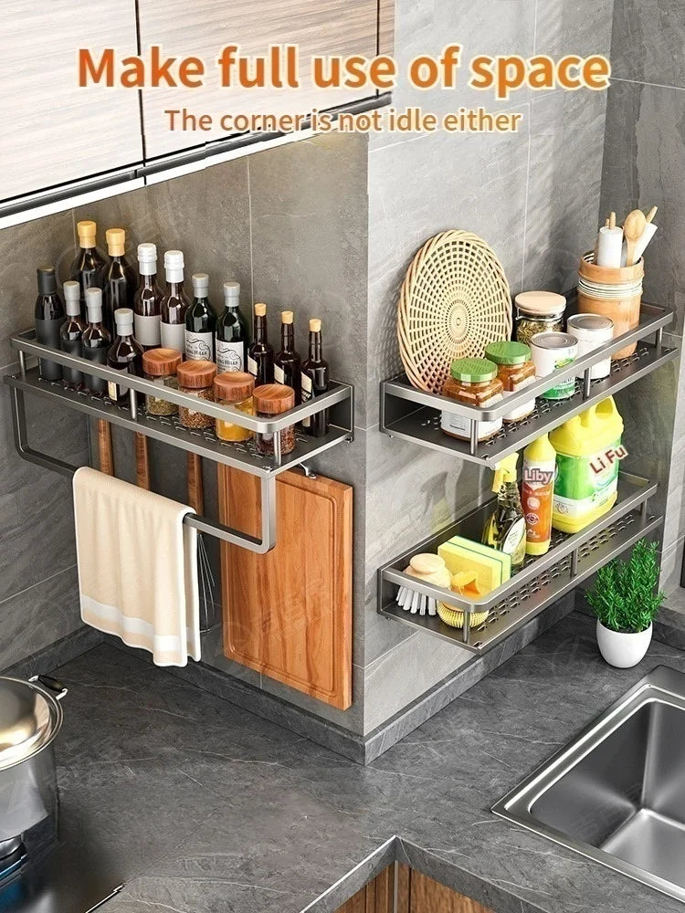 Aluminum Kitchen Shelf Wall Mounted Spice Organizer Rust and Moisture Resistant Bathroom Toiletries Storage Racks