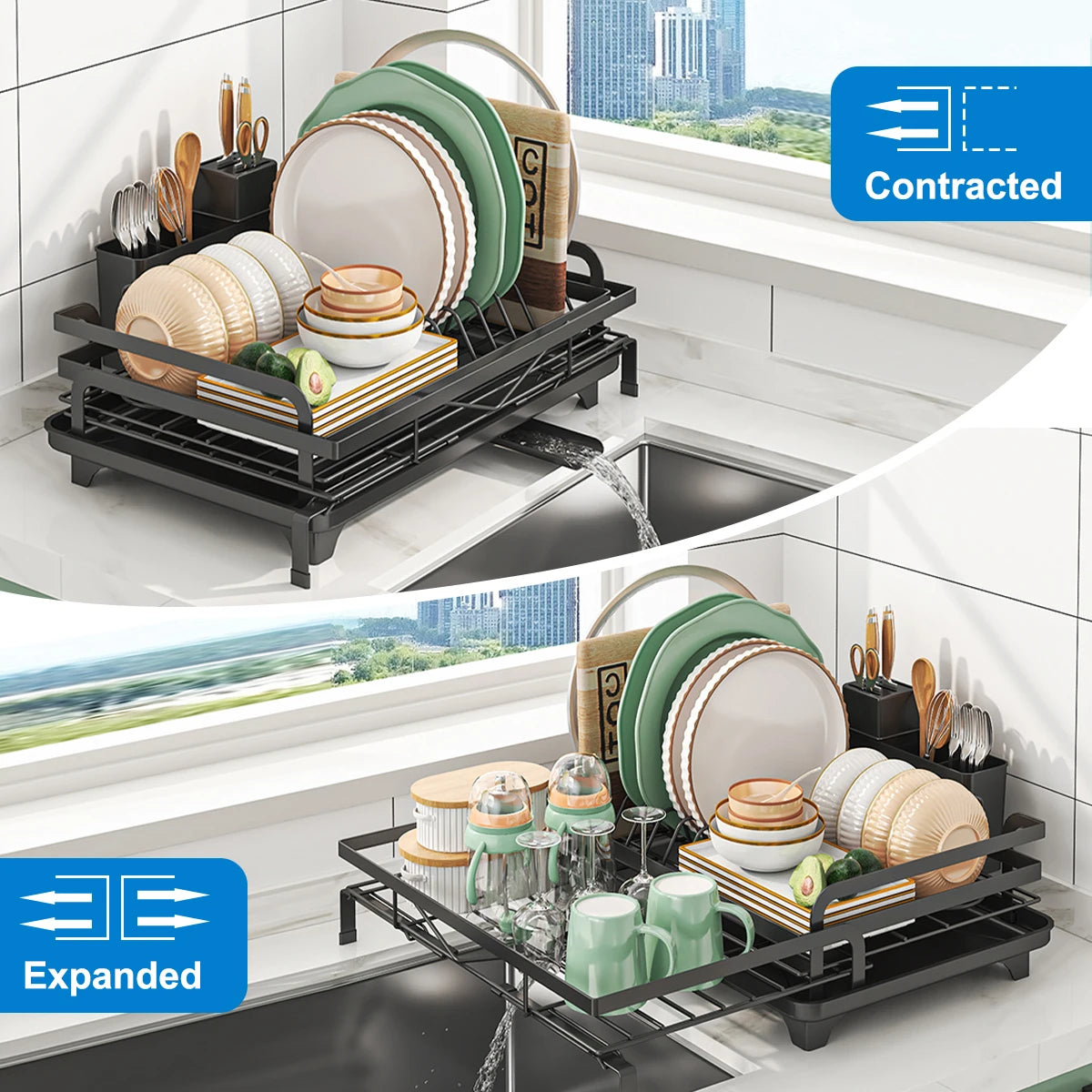 Dish Drainer Rack, Expandable Dish Drying Rack with Cutlery Holder and Swivel Drainage Spout, Dish Rack for Kitchen Counter