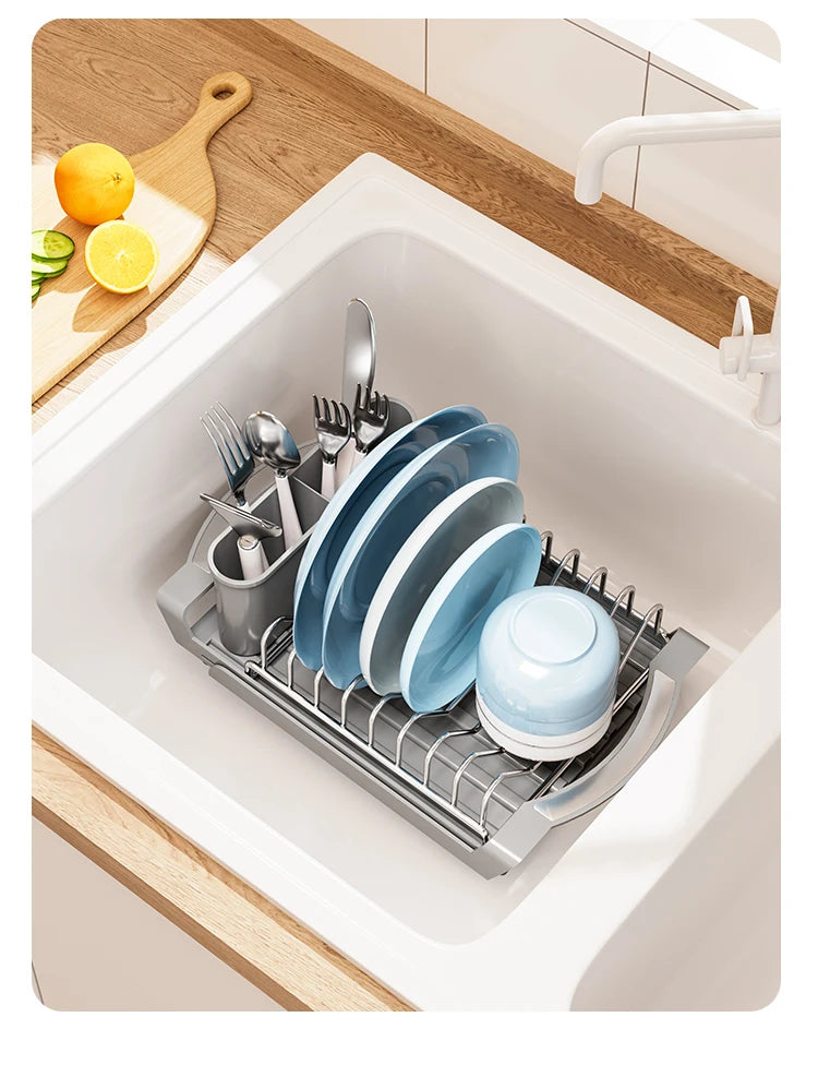 1pc 2in1 Dish organizer,Dish rack for dish drying,Expandable Dish storage rack with knife fork holder,Kitchen organizer storage