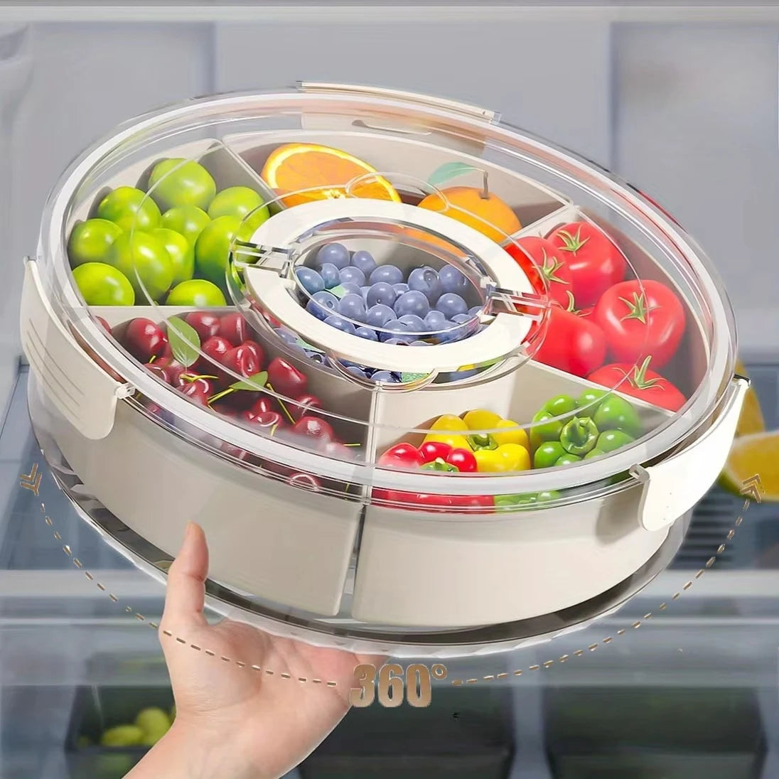 5-Compartment Food Storage Dried Fruit Snack Plate ,rotatable storage container, snack and vegetable tray with lid and hand