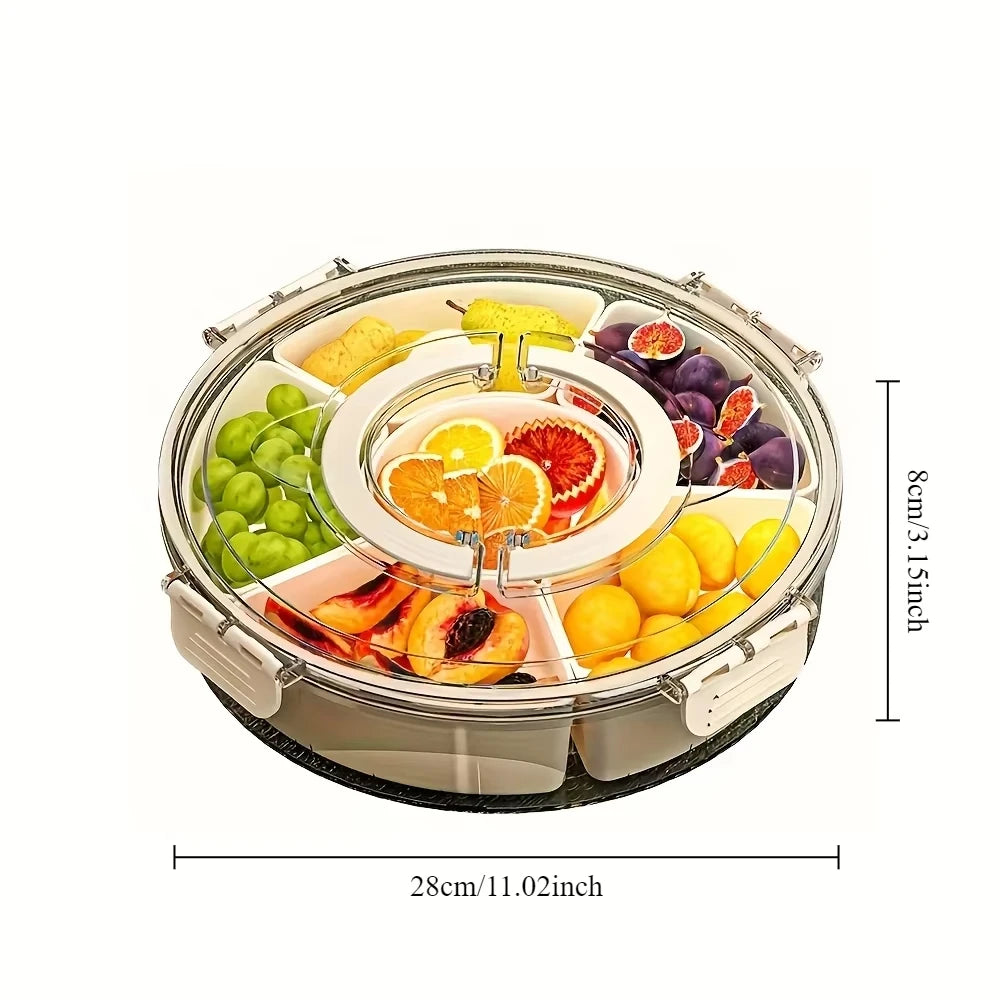 5-Compartment Food Storage Dried Fruit Snack Plate ,rotatable storage container, snack and vegetable tray with lid and hand