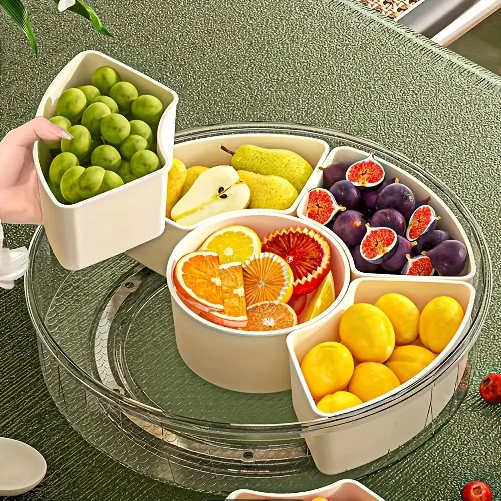 5-Compartment Food Storage Dried Fruit Snack Plate ,rotatable storage container, snack and vegetable tray with lid and hand