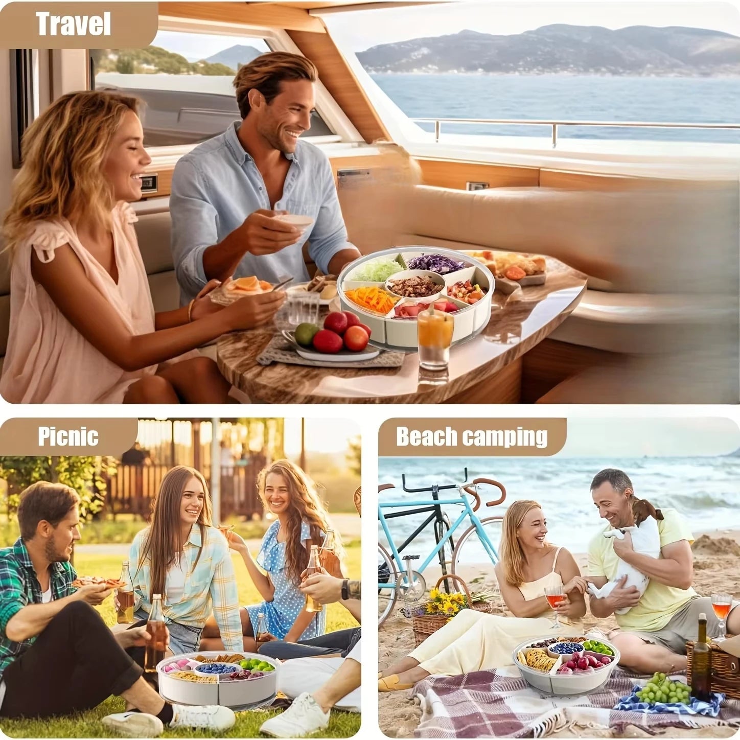 5-Compartment Food Storage Dried Fruit Snack Plate ,rotatable storage container, snack and vegetable tray with lid and hand