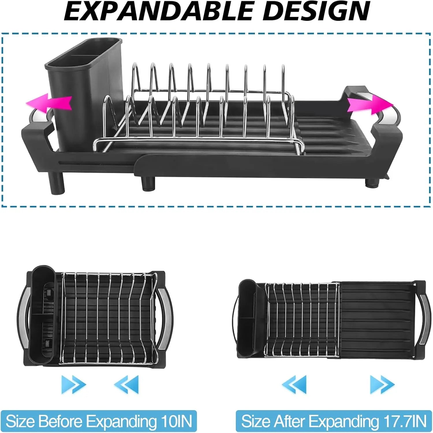 Expandable Dish Drying Rack Dish Racks for Kitchen Counter Adjustable Spout Dish Strainers with Utensil Holder Knife Slots