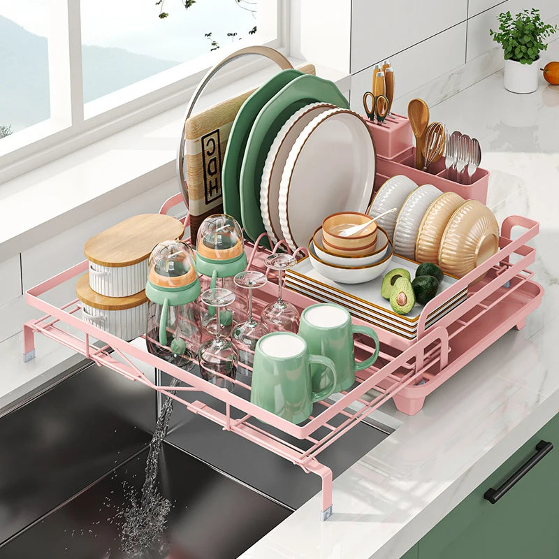 Dish Drainer Rack, Expandable Dish Drying Rack with Cutlery Holder and Swivel Drainage Spout, Dish Rack for Kitchen Counter
