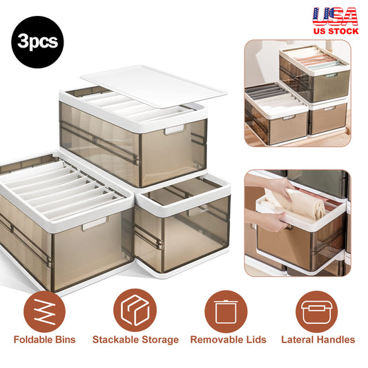 3-Pack Stackable Foldable Plastic Storage Bins with Lids & Dividers – Collapsible Closet, Toy & Clothes Organizer (Dark Brown)