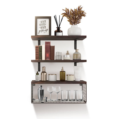 Rustic 2-in-1 Paulownia Floating Shelves with Storage Basket – Wall-Mounted Kitchen, Bathroom & Living Room Organizer