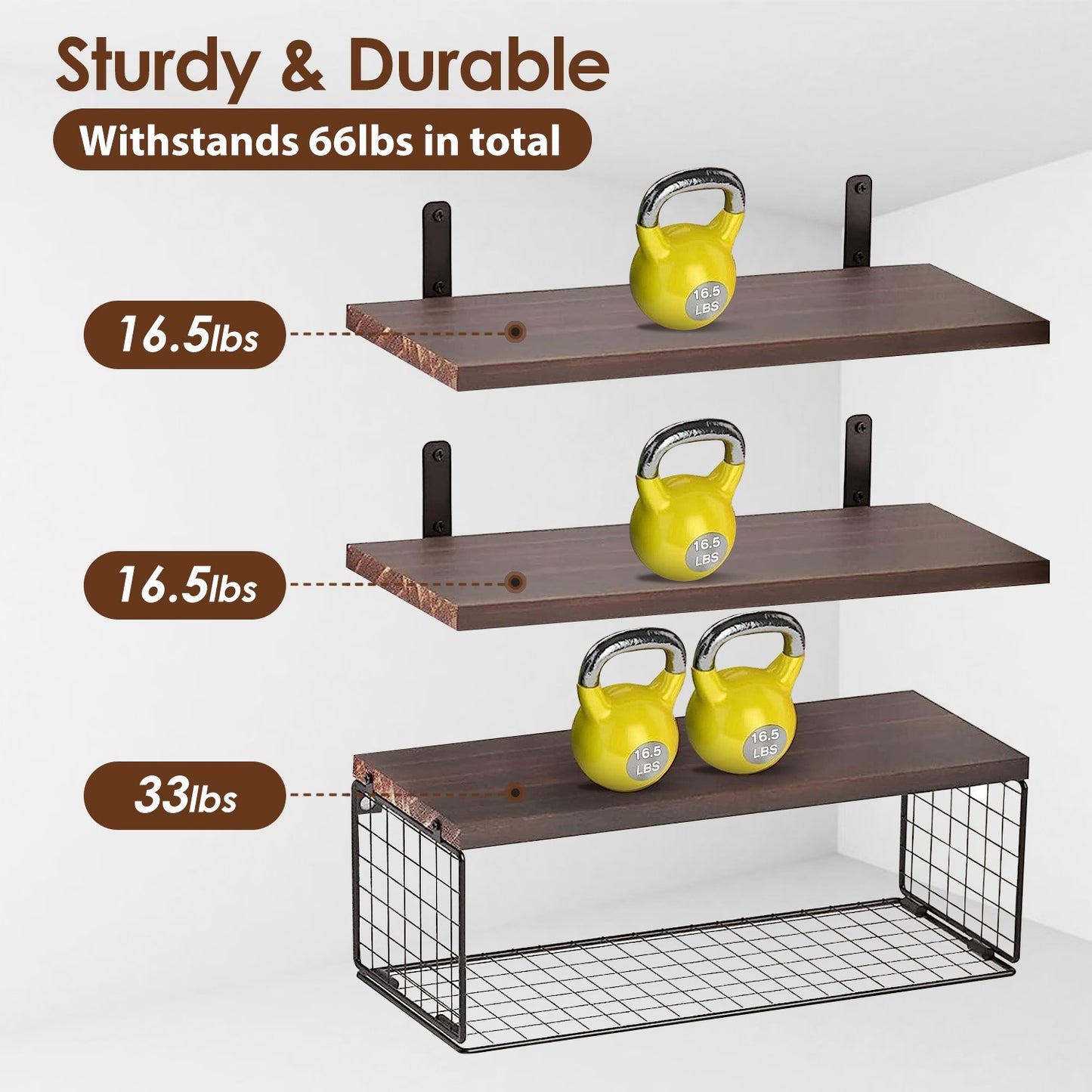 Rustic 2-in-1 Paulownia Floating Shelves with Storage Basket – Wall-Mounted Kitchen, Bathroom & Living Room Organizer